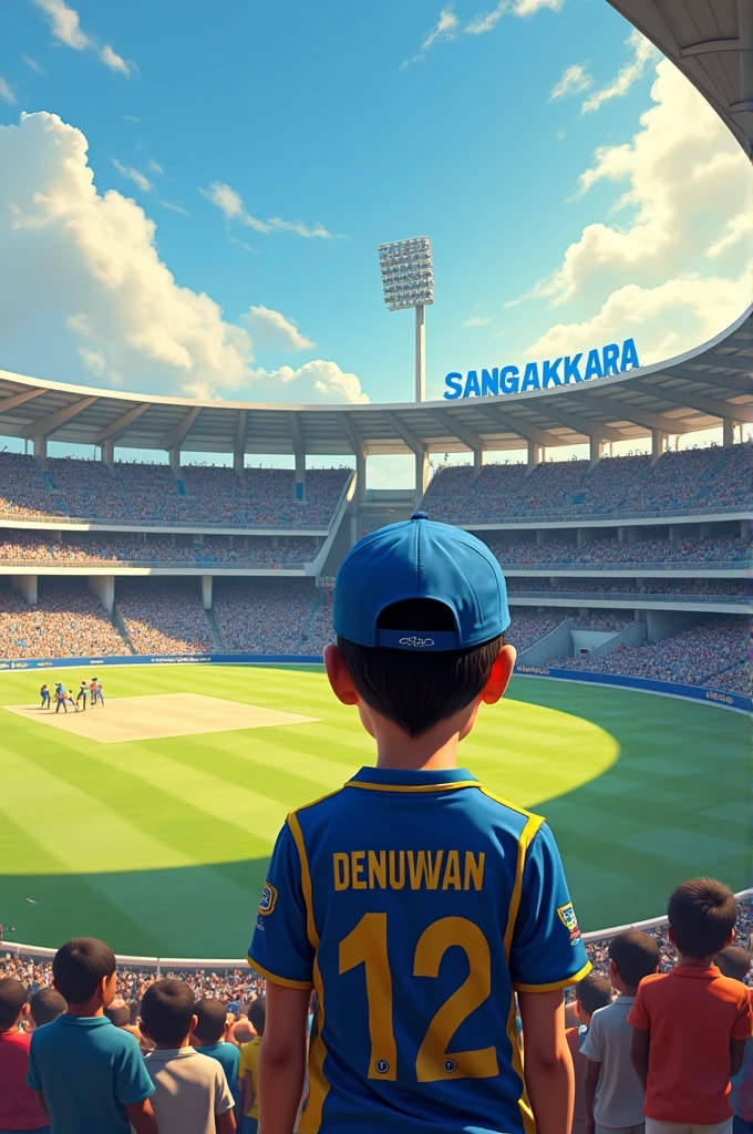sri lanka Cricket stadium beside , and 15 years old boy wearing sri lanka t20 shirt  with sri lanka cap, medim beautiful hair,near the "sangakkara" , with DENUWAN write on Shirt , 3d art painting realistic photo
