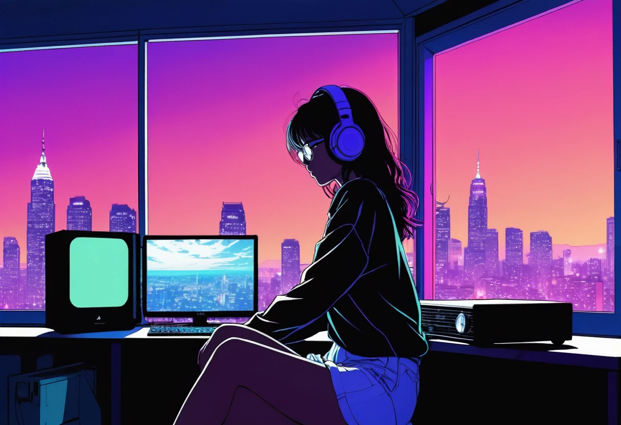 XXMix,Silhouette of frightened woman hiding in a 1980's radio station, neon light, in the style of coloring book comic, full body, raw hand drawn style, (from behind), Anime girl sitting in front of a computer in a cozy bedroom, Girl listening to music while studying in a cozy room (night), round glasses, Using headphones, on the roof, (beautiful night views from windows), lots of things, 2D anime style, The aesthetics of anime in the 90s, lo-fi, long hair, very detailed, hard disk, A mix of anime style and Fujifilm, surreal, 8k, masterpiece, violet eyes,black gloves, round glasses, long sleeves,violet hair, Flat Chest, smile, pantyhose