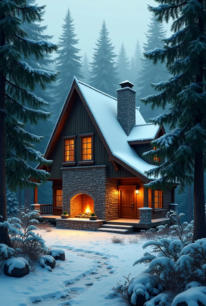 House in the forest surrounded by spruce trees with fireplace
