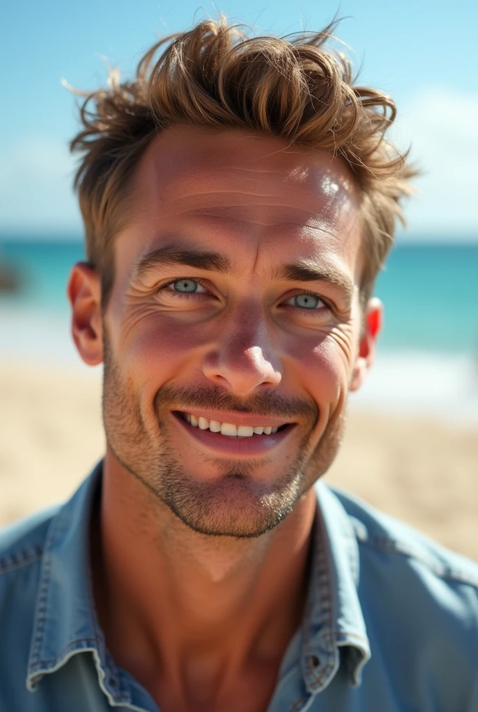 cute guy with blue eyes in his thirties facepic in the beach he is dressed with shirt and jeans and he is not muscled he has no face hair