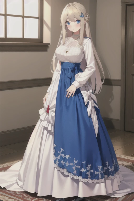 lexington \(warship girls r\),1girl, solo, (8k, masterpiece:1.2), highly detailed, ultra-detailed, masterclass, hair_between_eyes, braid, perfect lighting, medium breasts, hair ornament, Flaxen long hair(delicate eyes), (blue eyes), (detailed facial features), full body, long_hair, blush, feathers hair ornament, (dark blue wedding dress:1.2) night, windows, indoors, light, indoors, carpet, illustration, cowboy shot, masterpiece, best quality, best quality,Flaxen long hair(delicate eyes),(blue eyes),(MediumBlue evening dress:1.2),