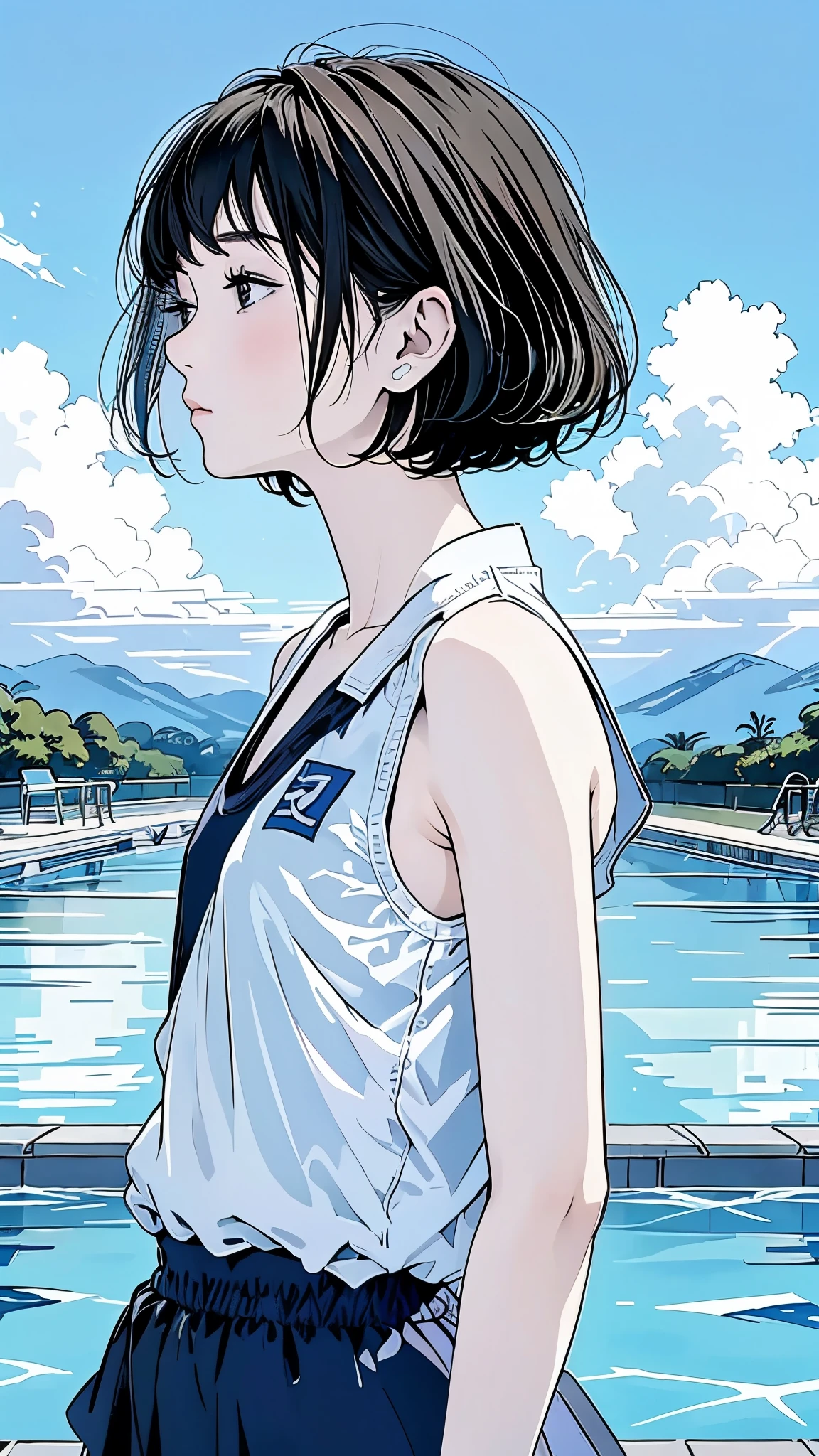 Master Painting、Highest quality、scenery、cumulonimbus、Pool、woman、Very depressive、Black Hair、Bobcut、Looking up at the sky、profile、Upper Body、School Swimsuit、Mid-chest、Japanese。