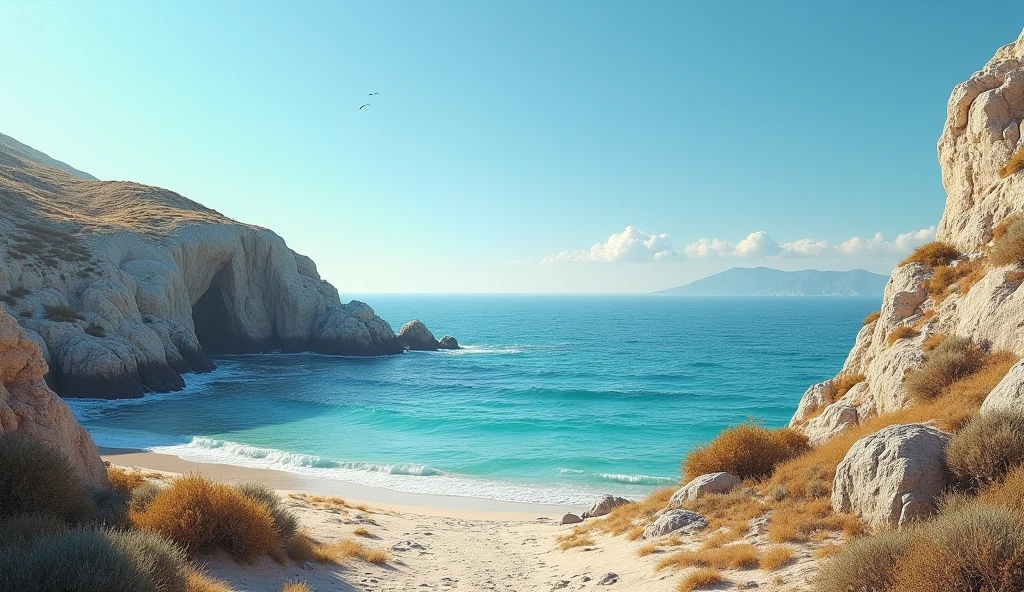 Desert island bathed by the Aegean Sea where the wind blows through the rocks without anyone
