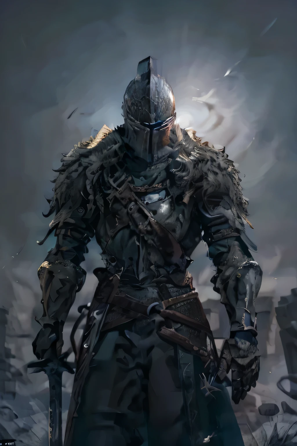 a knight in full battle-worn and dirty silver armor, a patchwork black cloak covering the shoulders and falling down the back, holding a long sword in his right hand, standing, in the middle of a battlefield looking at a beautiful night sky contrasting the battlefield, with some arrows stuck in his back, dark souls art, dark souls style.