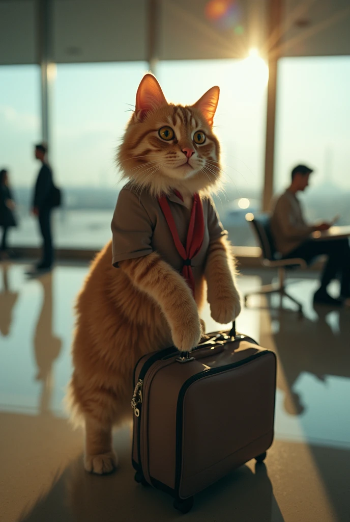 35mm lens，Multiple angles，漂亮的Cat，cute，Sexy，Personification，Back，side，silhouette，Overhead shot，Cat，Standing，doll，Airline stewardess，Trolley case，，AIRPORT，Airline stewardess， cloak,Ruan Jia,，Work clothes，tie, (Delicate face), (Fine fluffy fur)，（35mm Cinema Lens），（Multi-angle shooting），（many viewing angles）