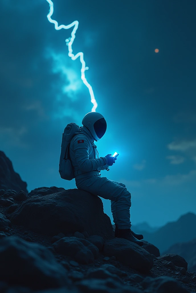 An astronaut sitting on a rock in an unknown planet is holding an Apple-branded mobile phone. Blue light shines from the mobile phone, Nova is cloudy and the radiation of a star is visible through the dark sky. The image should have YouTube thumbnail dimensions. Use all kinds of effects and effects of lightning, etc., which make you attractive
