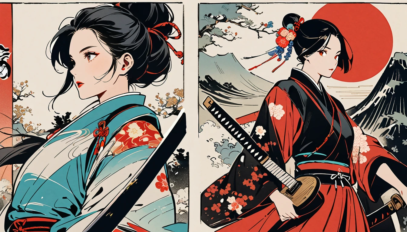 Ink Painting, (((1 girl))), (((samurai))), (((Japanese sword))), (((Swordsman))), Japanese style headphones, beautiful girl, Black Hair, Delicate and precise, Modern ukiyo-e style, red and blue neon