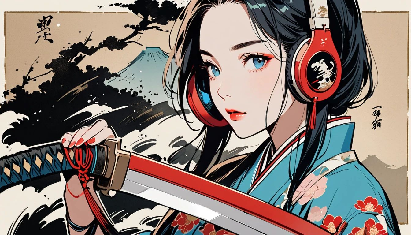 Ink Painting, (((1 girl))), (((samurai))), (((Japanese sword))), (((Swordsman))), Japanese style headphones, beautiful girl, Black Hair, Delicate and precise, Modern ukiyo-e style, red and blue neon