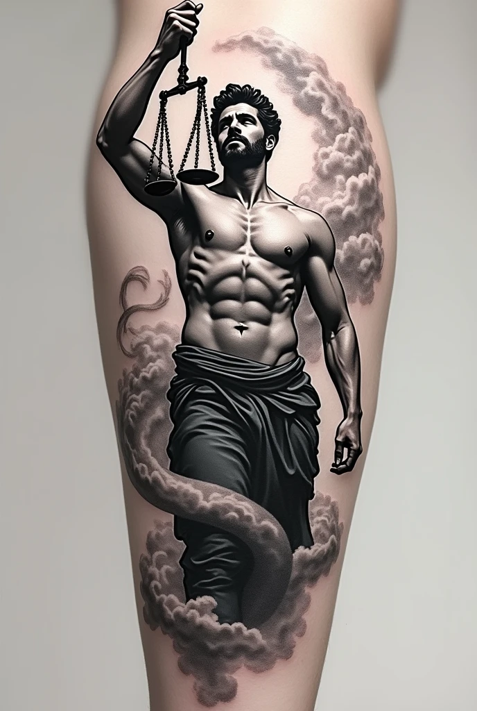 Create a tattoo that will be placed on the male forearm, of the Greek mythology God Kairos. Where is Kairos?, will only be shown from the waist up, and may he be holding his scales just above his head and the whole God be enveloped in clouds.
The tattoo style will be Black work dotted with details.