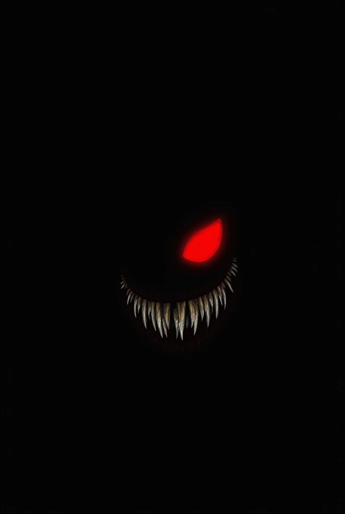 Give me An Image With 1 Red eye Glowing and A Smile with sharp teeth in it with Only black background, no faces