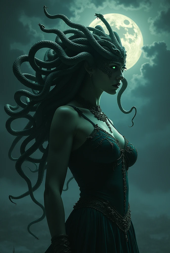 Medusa snake hair, night full moon