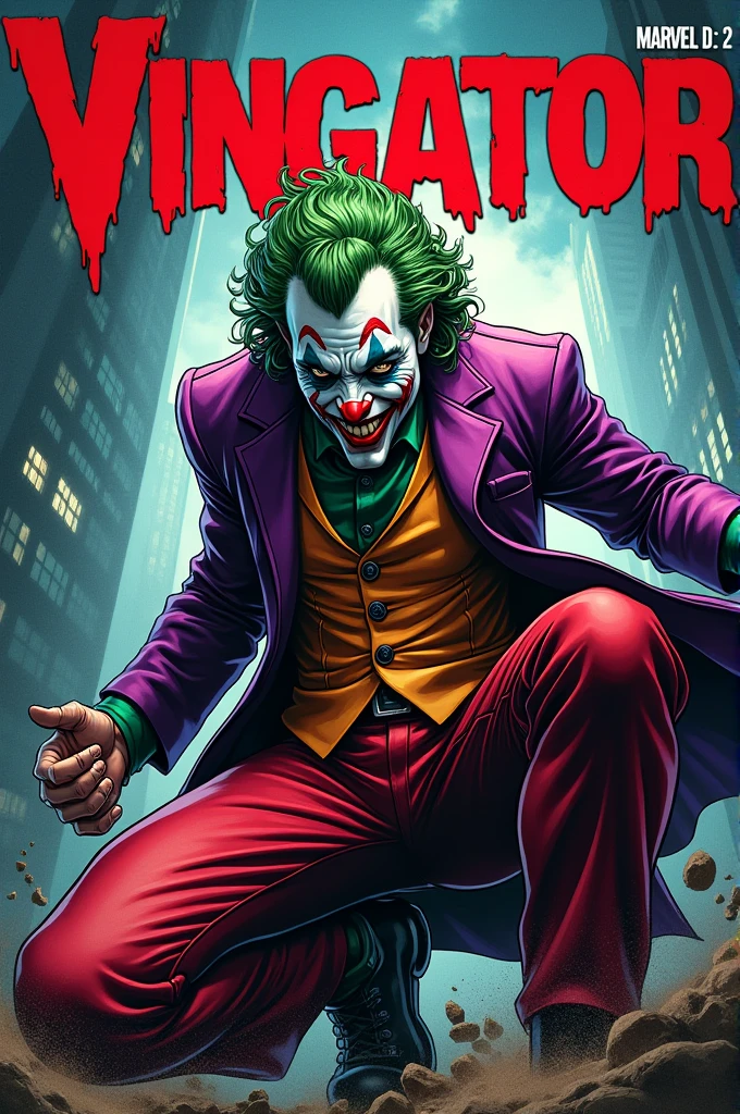 Old style marvel comic book cover ,with a character with clothes from Deadpool pants, Joker jacket, face with clown makeup, white hair, with title of "vingator"