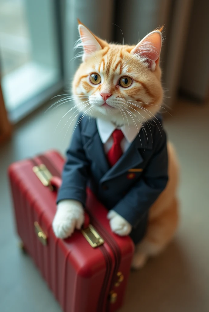 35mm lens，Multiple angles，漂亮的Cat，cute，Sexy，Personification，Back，side，silhouette，Overhead shot，Cat，Standing，doll，Airline stewardess，Trolley case，，AIRPORT，Airline stewardess， cloak,Ruan Jia,，Work clothes，tie, (Delicate face), (Fine fluffy fur)，（35mm Cinema Lens），（Multi-angle shooting），（many viewing angles）