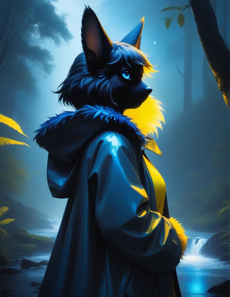 young female tweetfur, shadow creature, ears, beak, (black neck tuft, black body), curvy figure, feathers, breasts, blue eyes, fluffy long tail, translucent raincoat, plastic clothing, three-quarter portrait, looking back at viewer, (kwaza \(ozawk\), sergal:0.6), BREAK, by Mike Winkelmann \(Beeple\), by Ozawk, [by Wildering::0.4], detailed background, detailed foreground, depth of field, ambient silhouette, backlighting, waterfall, night forest, glowing plant, glowing river, foggy, ambient firefly, yellow light