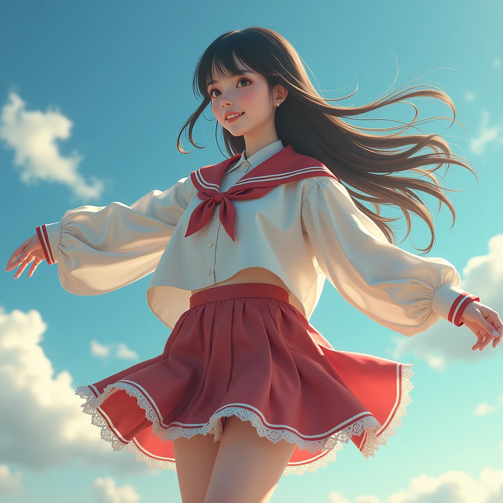 Pulling the wind, lifting the wind、、Middle school students、uniform、Visible cracks,Highly detaileded face and skin texture,((Exposing shoulders)), double eyelid,Skin whitening,Long Hair,White and long legs, pretty girl, Angle from below、beautifulメイク, detailed, Real, Very detaileded, Amazing, beautiful, Young and energetic, high quality,High resolution, colorful, Dance、Dance Stage、beautiful, Smooth Skin, shawl, Official Art, Extremely detaileded, atmosphere, Soft colors, Natural skin texture, random scene, Random shooting angle, barefoot, Lace hem、An innocent smile、