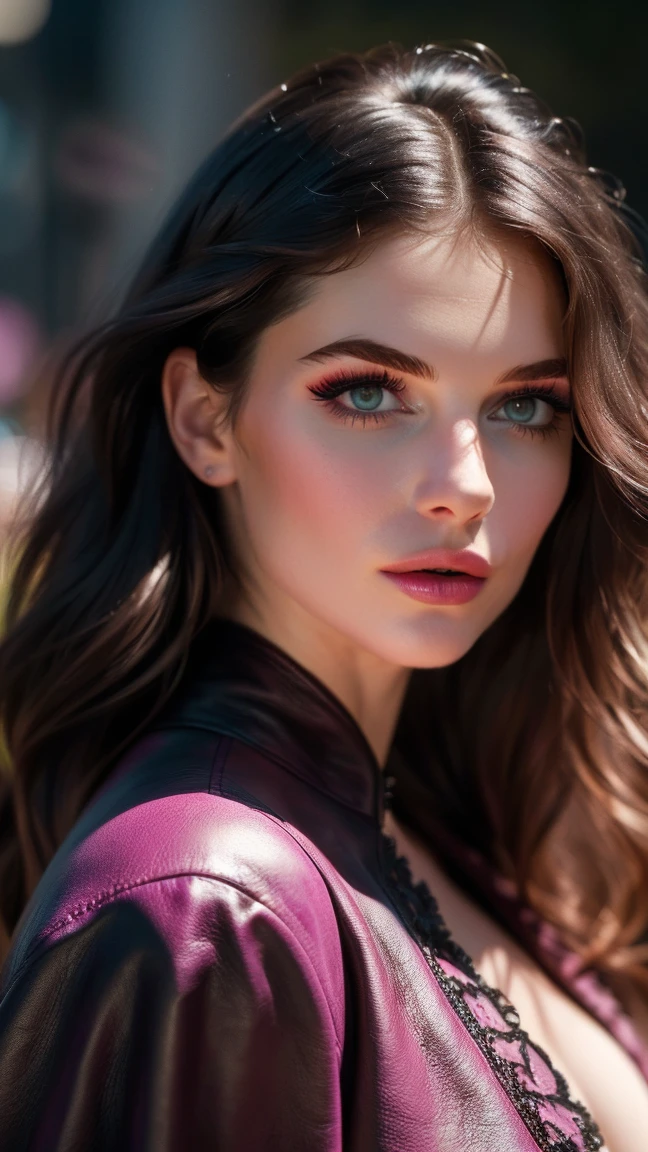 (((ultra realistic))) Photo, masterpiece, top quality, (Pale skin), (Ultra detailed face and eyes.:1.3), 1 girl, adult, in a dress with a cutout, ((eye makeup, pink mascara)), ((big detailed lips)), ((rosa wavy hair)), ((stylish hairstyle)) , (natural breasts), Thin waist. ((Posing, hand on face)), Photoshoot, (Suave)Turning on, (The game of lights and shadows), depth of field, bokeh, (Special attention to leather details.: 1.2), detailed leather texture, skin pores. (Cool frame environment.. color combination - black, purple, rosa, Tons), DR, ((film grain)), ((good heavens)), (Glare), ((portrait from the waist up)) , ultra detialed, 