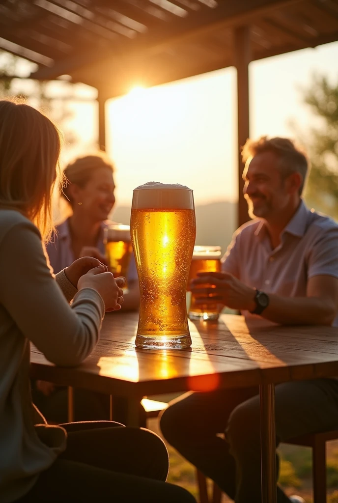create an image with a family talking during the day and drinking beer, where a luxury beer tower appears