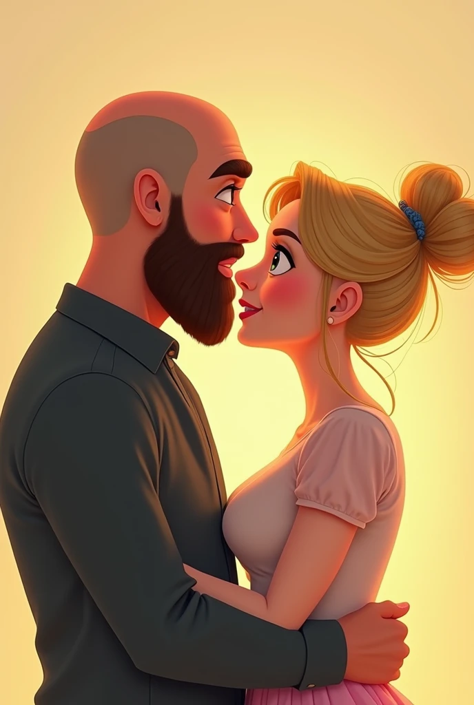 An illustration of an adorable couple, Highlighting a man and a woman with beauty, Expressive eyes – the man’s hair is bald and brown and he has a full beard, While the woman's hair is tied up in a bun and blonde. They are a bright space, Everyone with a smile on their face, and share a special moment, This is marked by love, Gita, and pedagogical insights. Illustrate this scene from a perspective, where they are facing away from the camera, Show your connection. Develop this art in Full HD, Focus on your cinematic flair, Estilo Disney Pixar Animations