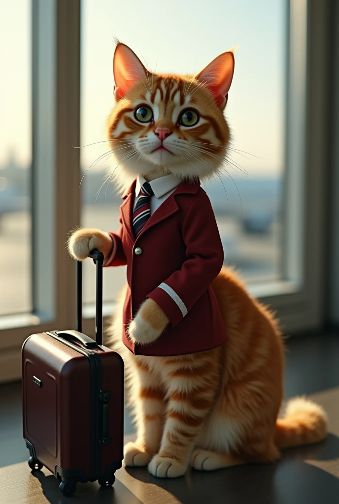 35mm lens,Multiple angles,漂亮的Cat,cute,Sexy,Personification,Back,side,silhouette,Overhead shot,Cat,Standing,doll,Airline stewardess,Trolley case,,AIRPORT,Airline stewardess, cloak,Ruan Jia,,Work clothes,tie, (Delicate face), (Fine fluffy fur),(35mm Cinema Lens),(Multi-angle shooting),(many viewing angles)