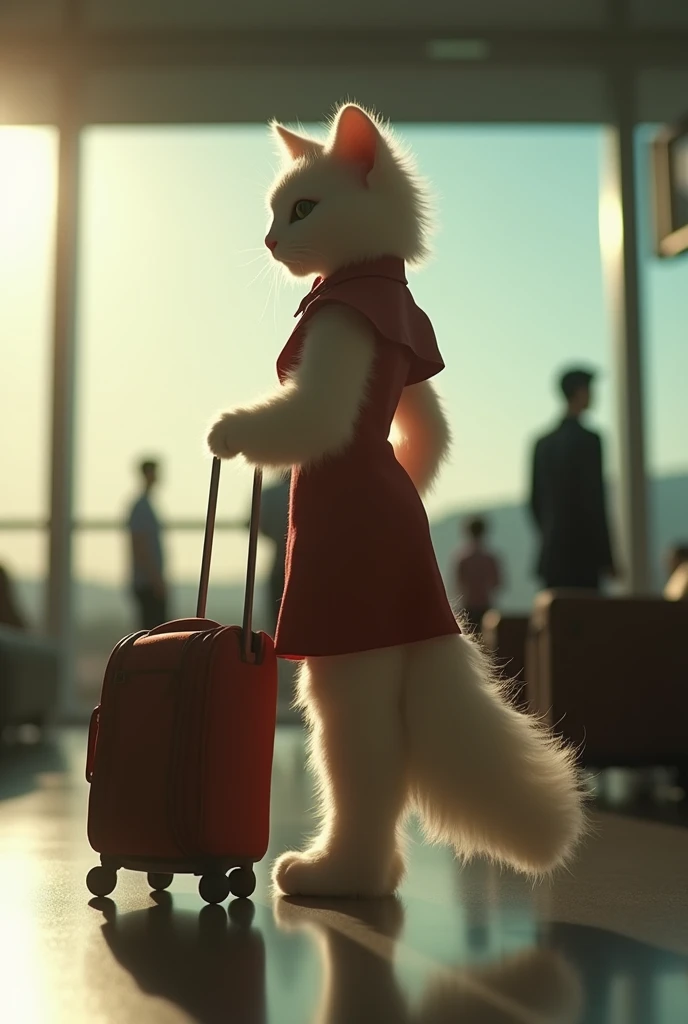 35mm lens,Multiple angles,漂亮的Cat,cute,Sexy,Personification,Back,side,silhouette,Overhead shot,Cat,Standing,doll,Airline stewardess,Trolley case,,AIRPORT,Airline stewardess, cloak,Ruan Jia,,Work clothes,tie, (Delicate face), (Fine fluffy fur),(35mm Cinema Lens),(Multi-angle shooting),(many viewing angles)