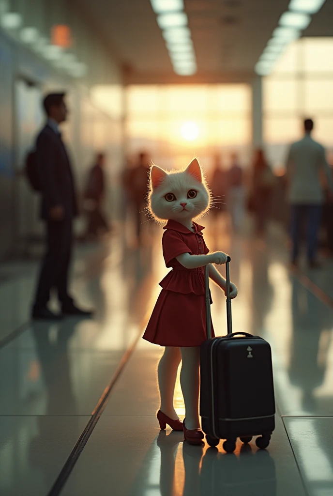 35mm lens,Multiple angles,漂亮的Cat,cute,Sexy,Personification,Back,side,silhouette,Overhead shot,Cat,Standing,doll,Airline stewardess,Trolley case,,AIRPORT,Airline stewardess, cloak,Ruan Jia,,Work clothes,tie, (Delicate face), (Fine fluffy fur),(35mm Cinema Lens),(Multi-angle shooting),(many viewing angles)