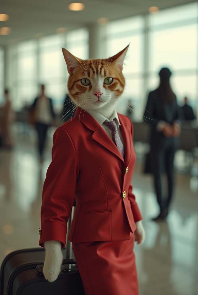 35mm lens，Multiple angles，漂亮的Cat，cute，Sexy，Personification，Back，side，silhouette，Overhead shot，Cat，Standing，doll，Airline stewardess，Trolley case，，AIRPORT，Airline stewardess， cloak,Ruan Jia,，Work clothes，tie, (Delicate face), (Fine fluffy fur)，（35mm Cinema Lens），（Multi-angle shooting），（many viewing angles）