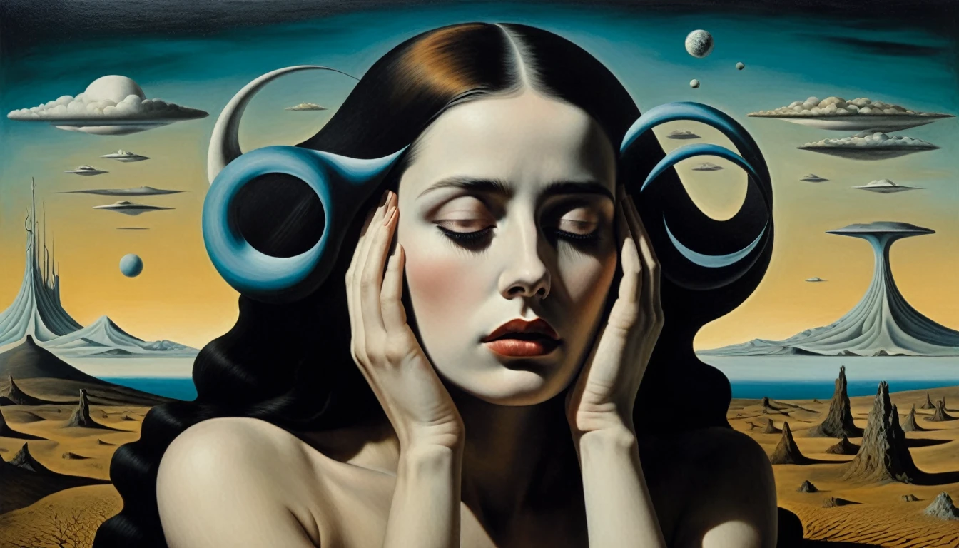 surrealist art with a melancholic woman with her hands on her head