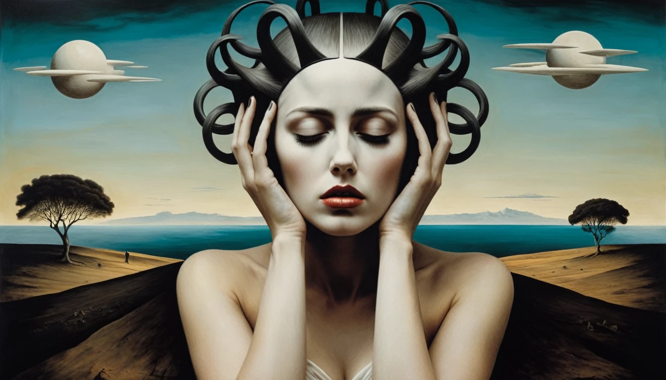 surrealist art with a melancholic woman with her hands on her head