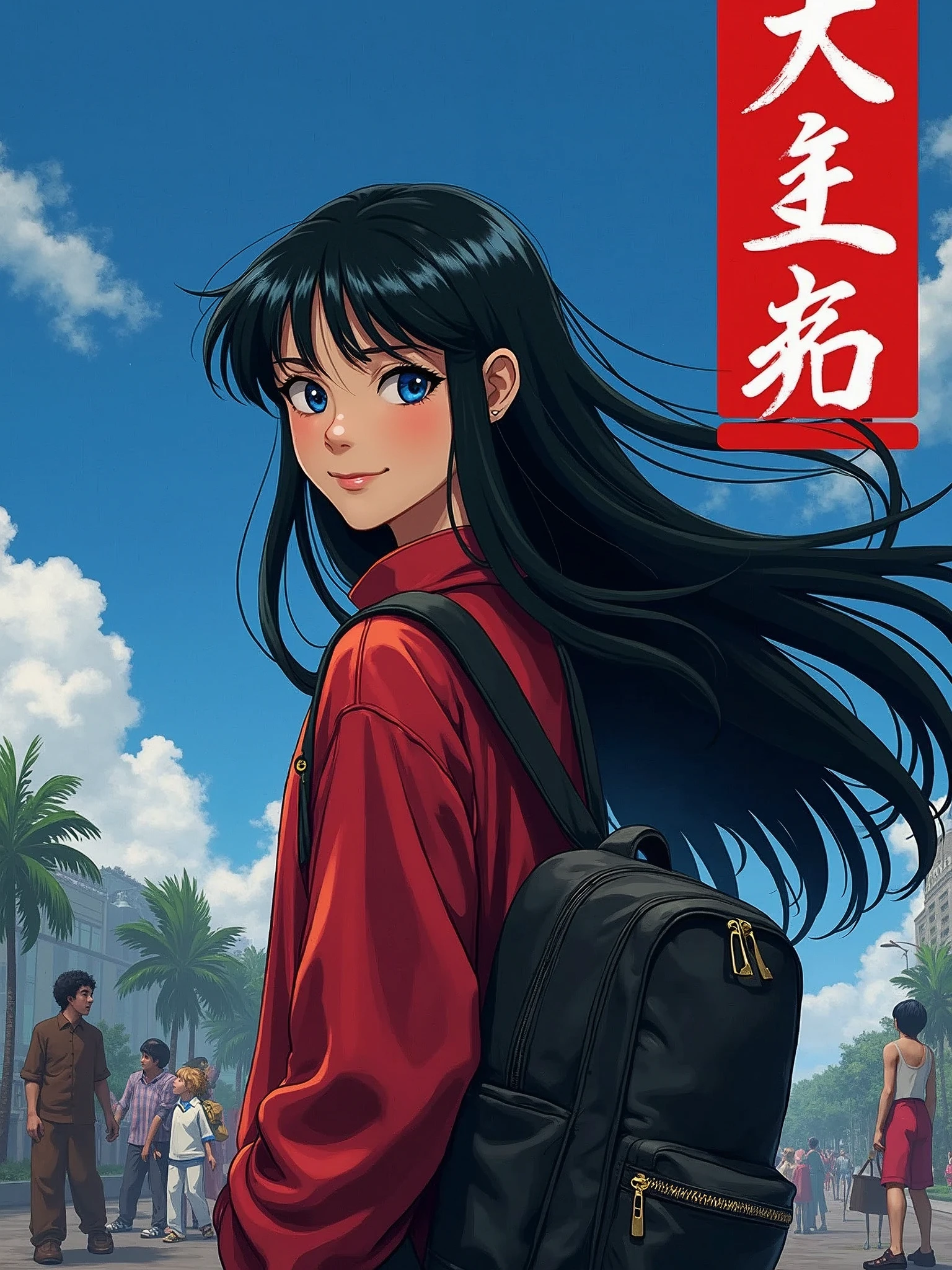Design a cover for a dark fantasy psychological drama light novel set in Rio de Janeiro in 2050, with a style similar to "inuyasha" ou "Yuyu Hakusho", showing a smiling Japanese teenager holding a backpack with long black hair in the foreground, while in the background other characters fight; use a red and black palette, but with a blue sky, and put the title in a box in the upper right corner. -imagine