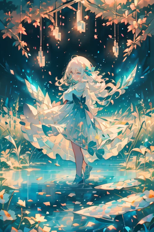 (masterpiece), (Highest quality), Very detailed, 1 girl, Solo full body shot, Perfect Face, beautiful girl, Very detailedな顔,(Long white hair:1.5),(blue eyes:1.4),(Lots of butterflies々:1.2)、(Flower Field:1.4)、(Lots of petals:1.3)、(gem:1.3)、(smile:1.3)