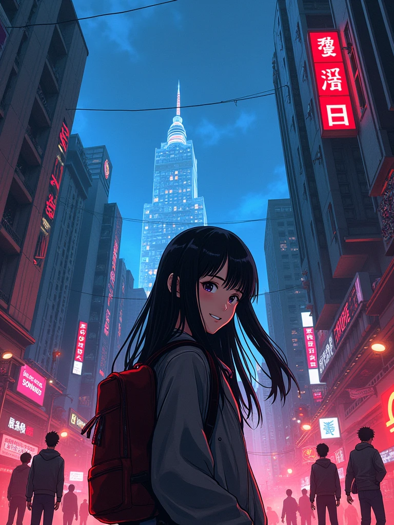 Design a cover for a dark fantasy psychological drama light novel set in Rio de Janeiro in 2050, with a style similar to "inuyasha" ou "Yuyu Hakusho", showing a smiling Japanese teenager holding a backpack with long black hair in the foreground, while in the background other characters fight; use a red and black palette, but with a blue sky, and put the title in a box in the upper right corner. -imagine