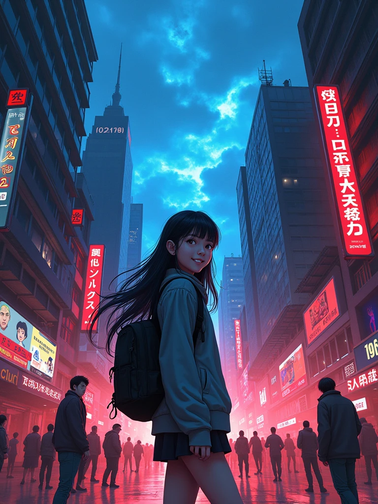 Design a cover for a dark fantasy psychological drama light novel set in Rio de Janeiro in 2050, with a style similar to "inuyasha" ou "Yuyu Hakusho", showing a smiling Japanese teenager holding a backpack with long black hair in the foreground, while in the background other characters fight; use a red and black palette, but with a blue sky, and put the title in a box in the upper right corner.  -imagine
