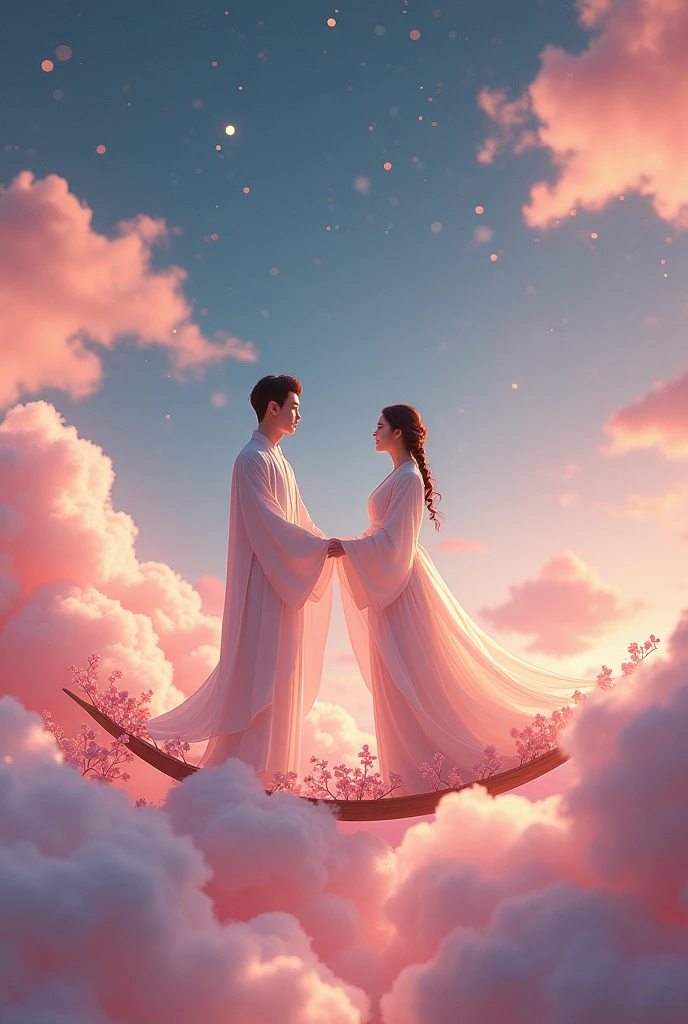 Miniature Landscape, Miniature Models,Fantasy Garden,Aesthetic healing,moon,Star,Beautiful and poetic,((The text at the top of the screen"Love each other, Romantic Tanabata"letter)),In a vast 3D universe,A man and a woman in Hanfu stand on a magpie bridge made of soft pink clouds。These clouds are fluffy and soft,As if just plucked from the sky,Each flower has a delicate texture and slight elasticity.。The edge of the magpie bridge is still hung with strings of glittering pearl-like dewdrops.,About to drip。The starry sky around,Star并非是常见的尖锐亮点,But each one is round and full、A ball of light woven from soft threads of light,Exudes a soft and warm glow,Like freshly baked marshmallows。The clothes worn by the Cowherd and the Weaver Girl are made of silk that is as light as mist.,When the wind blows,The folds of silk flow naturally like water ripples,The edges of the clothing are inlaid with fluffy white down.,Adds a bit of warmth and romance。Their hair is not a rigid line.,But a strand of silky soft、Slightly curly filaments,As if I could feel the gentle breeze,Studio Lighting,3D, Realistic lighting,Beautiful light,Edge Glow,Volumetric Light,Rim Light,Bioluminescence,Perfect composition,Masterpiece,8k,Top of poster, Contains text "Love each other, Romantic Tanabata" Very large, bold, And elegant letters, use, Serif font. Text should have a glow effect or a slight shadow, Make sure it stands out,At the same time, it blends seamlessly with the background, Reflect the seriousness and solemnity of the information