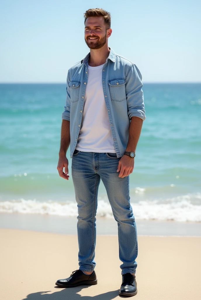 cute guy with blue eyes in his thirties complete body pic in the beach he is dressed with shirt and jeans and black shoes and he is not muscled he has no face hair