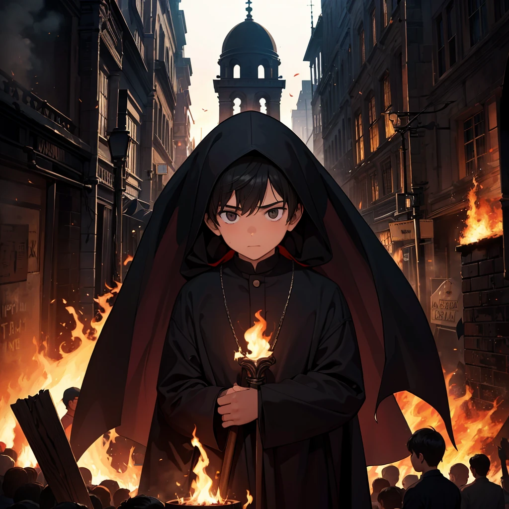 A kid representing non discrimination of religion on the foreground, people of all religion protecting him on the middle ground from dark shadows that represents criminals, all religious institutes burning on the background 
