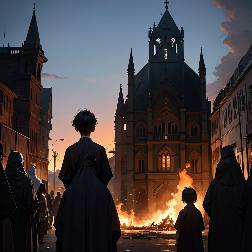 A kid representing non discrimination of religion on the foreground, people of all religion protecting him on the middle ground from dark shadows that represents criminals, all religious institutes burning on the background