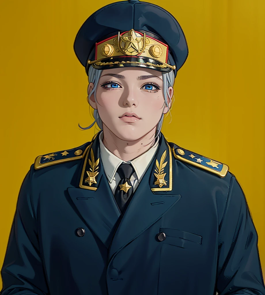 (exceptional, best aesthetic, new, newest, best quality, anime, waifu:1.2), master piece, best quality, absurdres, highres, good anatomy, pretty face, ultra detailed, (1girl:1.3), colored, 1 girl, female, blue eyes, grey hair, peaked cap with big red strip, star insignia on the cap, coat, golden shoulder piece, lautel leaves, inside white shirt, black tie, star badge on the tie, looking at user