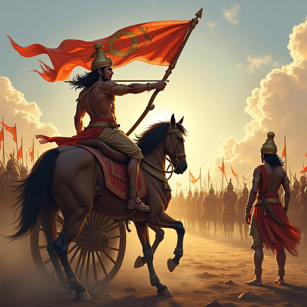 Illustrate the moment just before the battle begins on the Kurukshetra battlefield. Show Arjuna, with the banner of Hanuman on his chariot, observing the Kaurava army arrayed in battle formation. Arjuna should be depicted drawing his bowstring, preparing for the fight, with a focused and determined expression. His chariot, with its divine banner, should be prominently featured. Include Krishna, his charioteer, by his side, ready to listen to Arjuna's words. The battlefield should be detailed with both armies in formation, traditional armor, and weapons, capturing the tension and anticipation of the imminent battle. The scene should reflect the transition from preparation to action, emphasizing the critical moment of Arjuna’s readiness and his impending dialogue with Krishna
