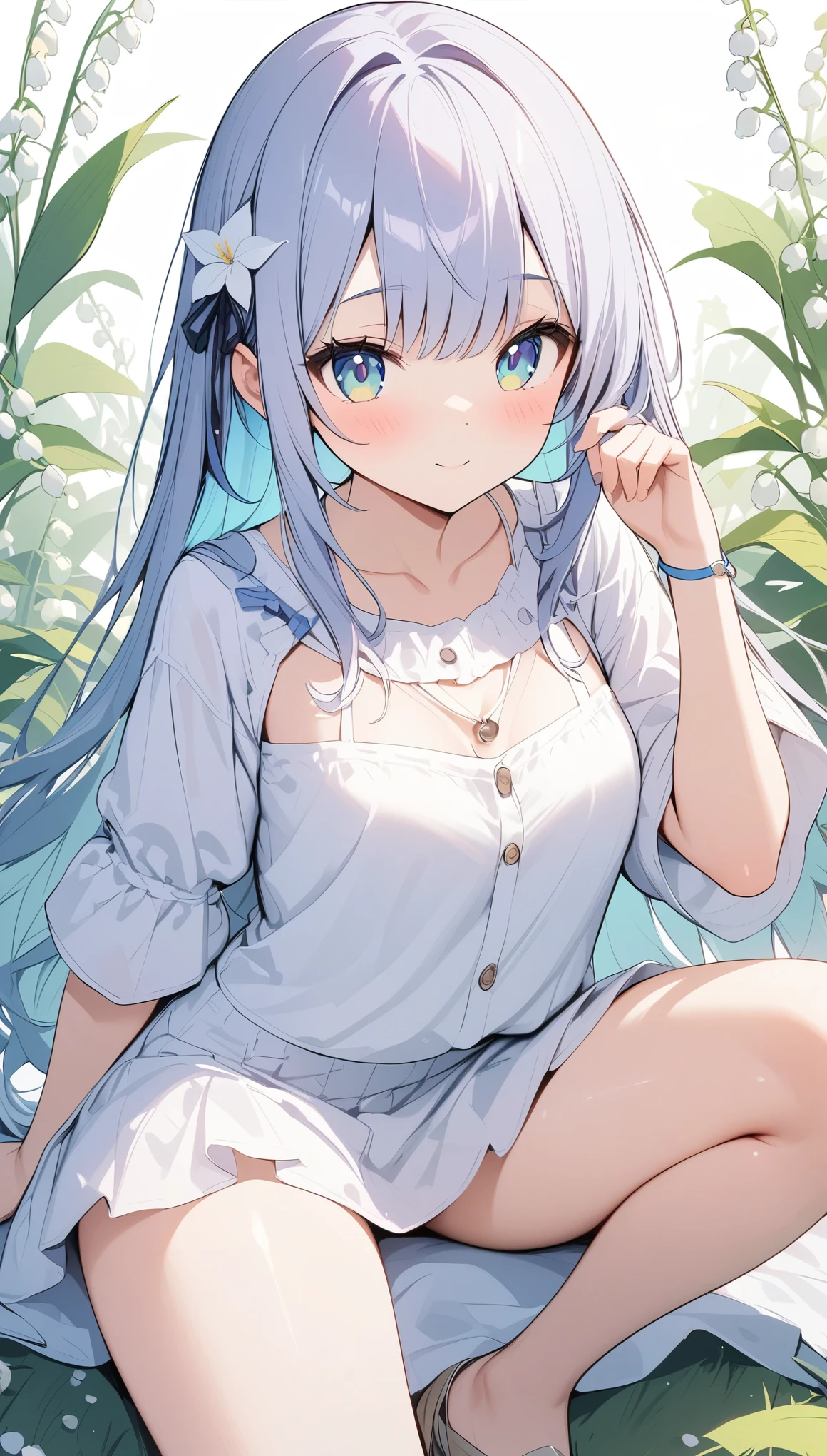 pale colour,((Amazingly absurd)),超High resolution, Attention to detail, high quality, High resolution, 最high quality, 4K, 8k, artwork,3dart,Lily of the valley flowers,White flower,Cute Girls,Lily of the valley background