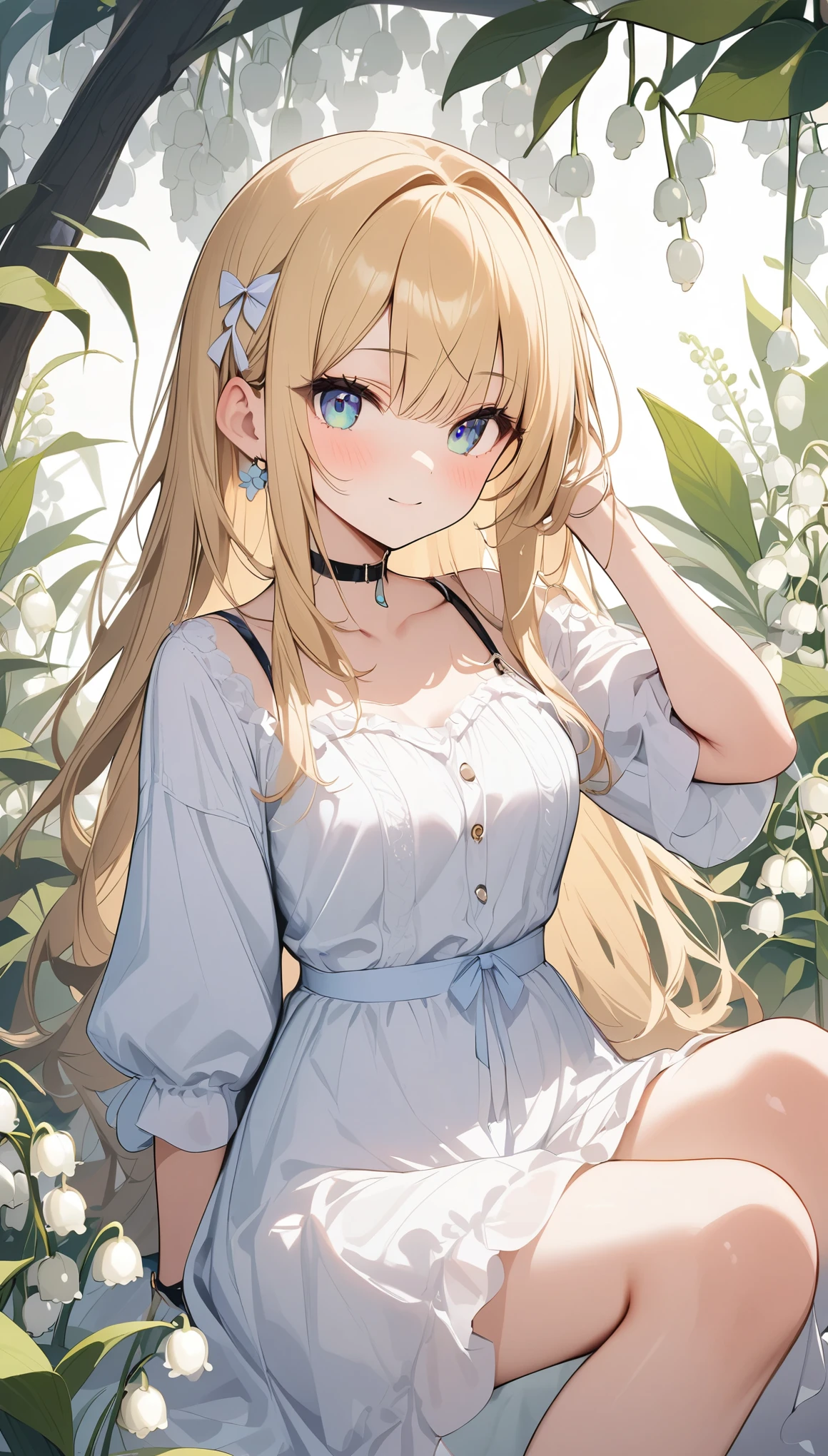 pale colour,((Amazingly absurd)),超High resolution, Attention to detail, high quality, High resolution, 最high quality, 4K, 8k, artwork,3dart,Lily of the valley flowers,White flower,Girl sitting in the middle,Lily of the valley background,White Dress、Blonde、long hair