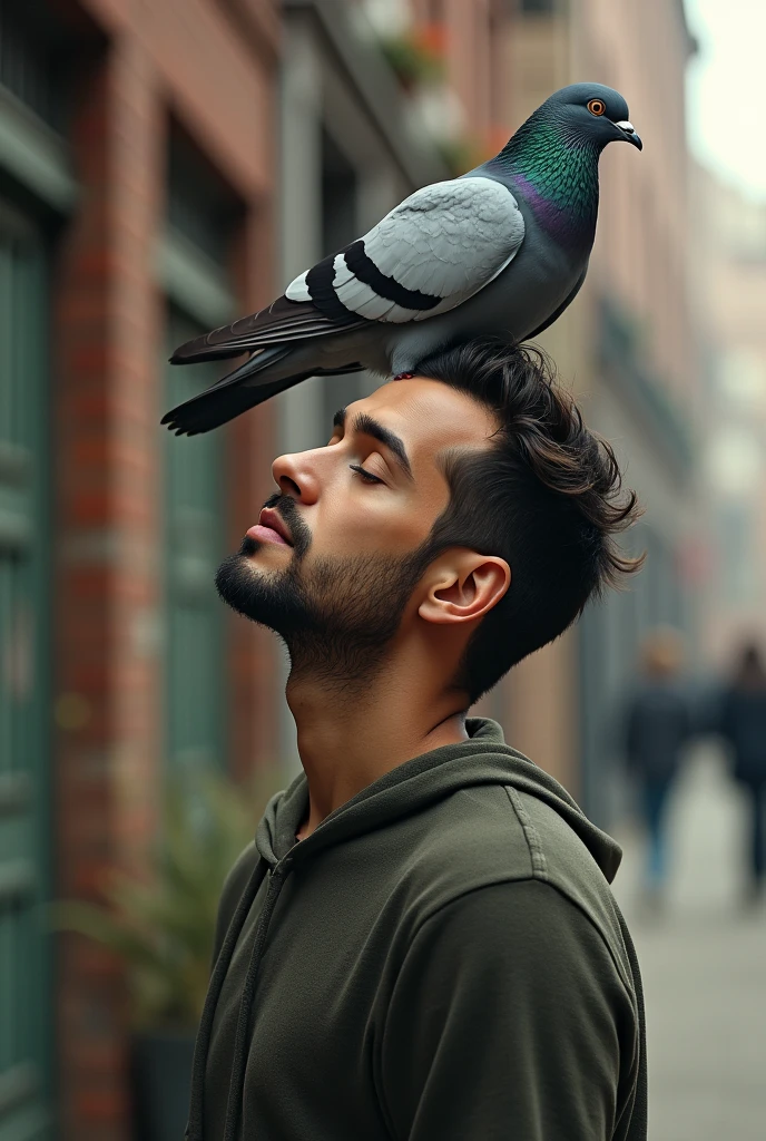 A pigeon is sitting on a man neek