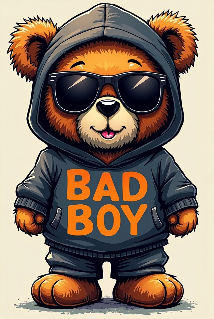 (BAD BOY street wear teddy bear) wearing hoodie and glasses modern t shirt written HSR graphic design