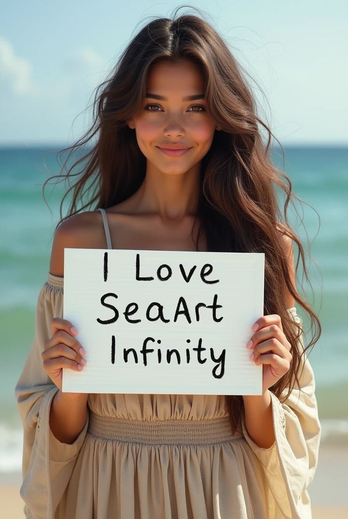 Beautiful girl with wavy long hair, bohemian dress, holding a white board with text "I Love Seaart Infinity" and showing it to the viewer