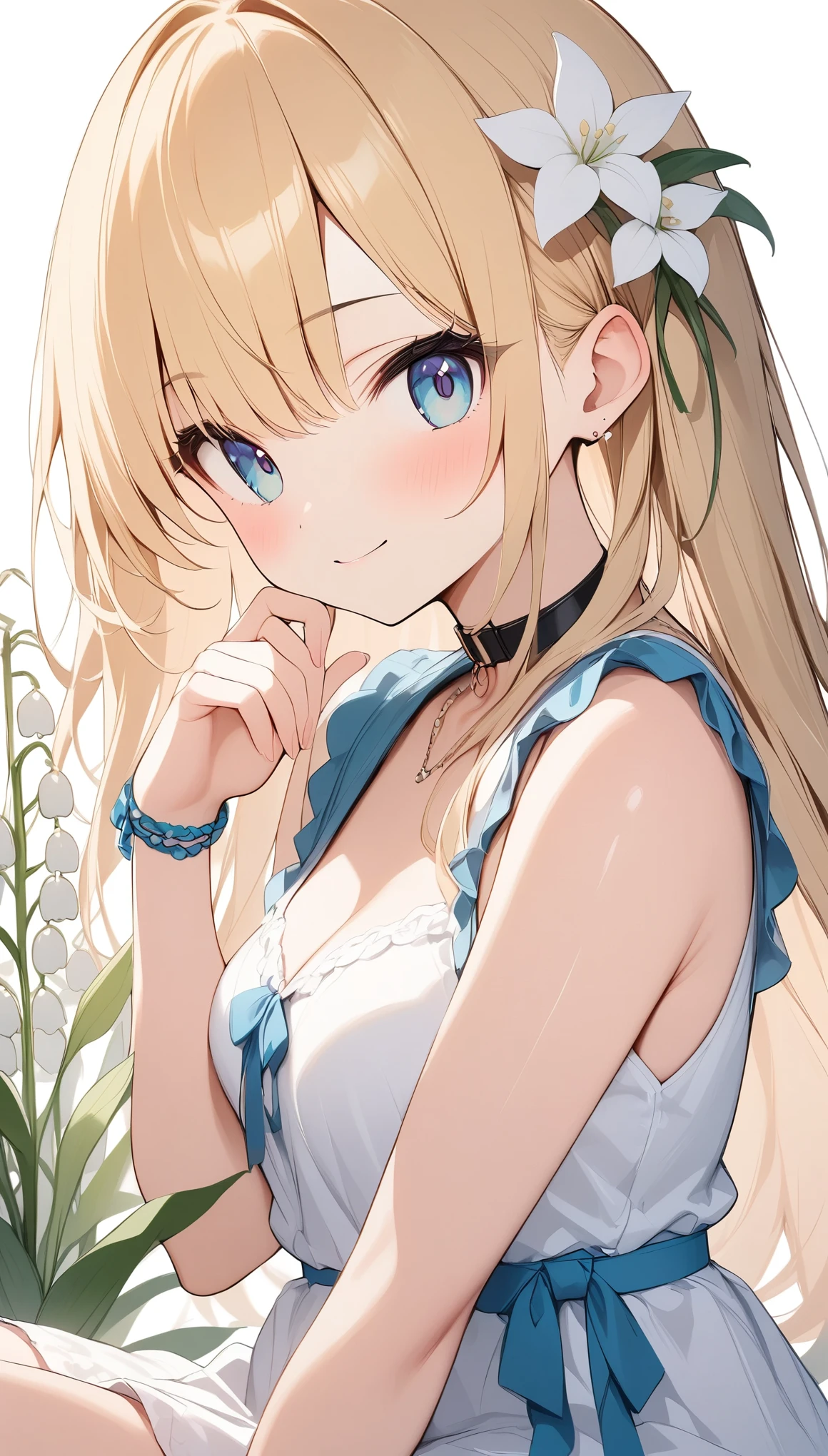 pale colour,((Amazingly absurd)),超High resolution, Attention to detail, high quality, High resolution, 最high quality, 4K, 8k, artwork,3dart,Lily of the valley flowers,White flower,Girl sitting in the middle,Lily of the valley background,White Dress、Blonde、long hair