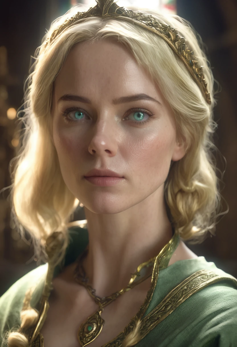 1 woman, inside a medieval room, wearing a simple light green medieval outfit, feminine blue eyes, clear and detailed skin, short golden blonde hair, dramatic lighting, cinematic composition, somber palette, dark colors, atmospheric haze, thin chin, soft face, serious face, beautiful woman, adult woman, ultra realistic, adult woman (best quality, 4K, 8K, high resolution, art: 1.2), ultra detailed (realistic, photorealistic, photorealistic: 1.37)