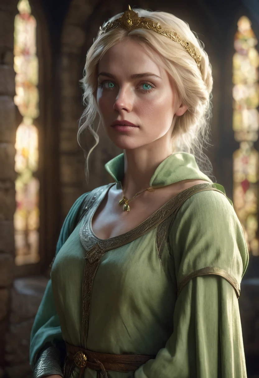 1 woman, inside a medieval room, wearing a simple light green medieval outfit, feminine blue eyes, clear and detailed skin, short golden blonde hair, dramatic lighting, cinematic composition, somber palette, dark colors, atmospheric haze, thin chin, soft face, serious face, beautiful woman, adult woman, ultra realistic, adult woman (best quality, 4K, 8K, high resolution, art: 1.2), ultra detailed (realistic, photorealistic, photorealistic: 1.37)