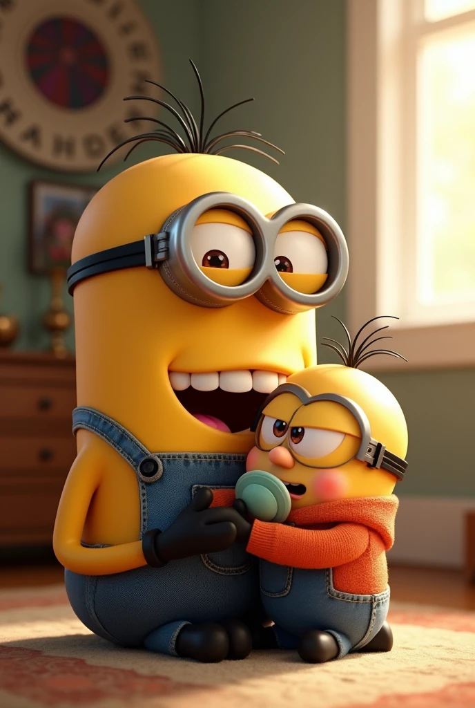 Minion daddy with little minion baby on his lap sucking pacifier