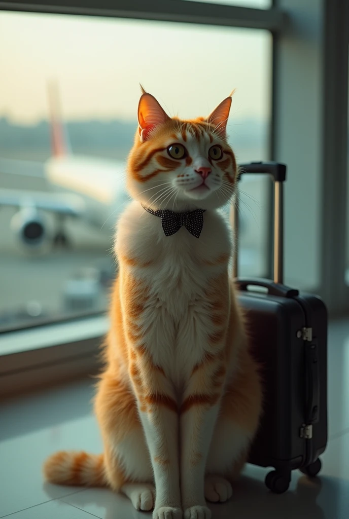 35mm lens,Multiple angles,漂亮的Cat,cute,Sexy,Personification,Back,side,silhouette,Overhead shot,Cat,Standing,doll,Airline stewardess,Trolley case,,AIRPORT,Airline stewardess, cloak,Ruan Jia,,Work clothes,tie, (Delicate face), (Fine fluffy fur),(35mm Cinema Lens),(Multi-angle shooting),(many viewing angles)