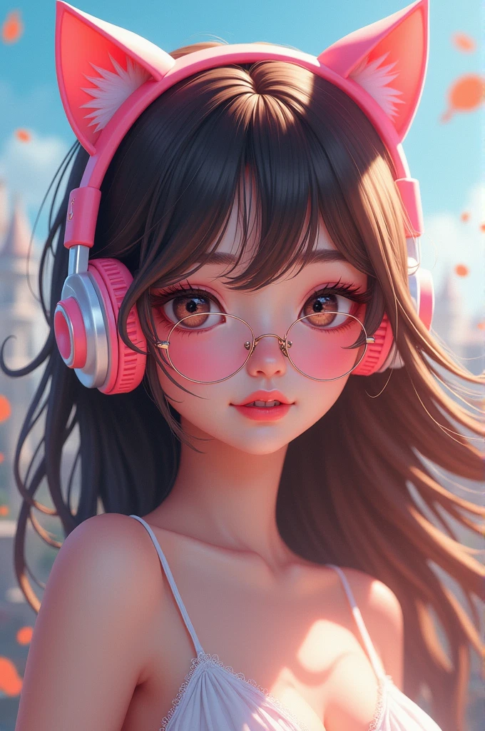 Female character pale skin brown hair with glasses and pink cat ear headphones