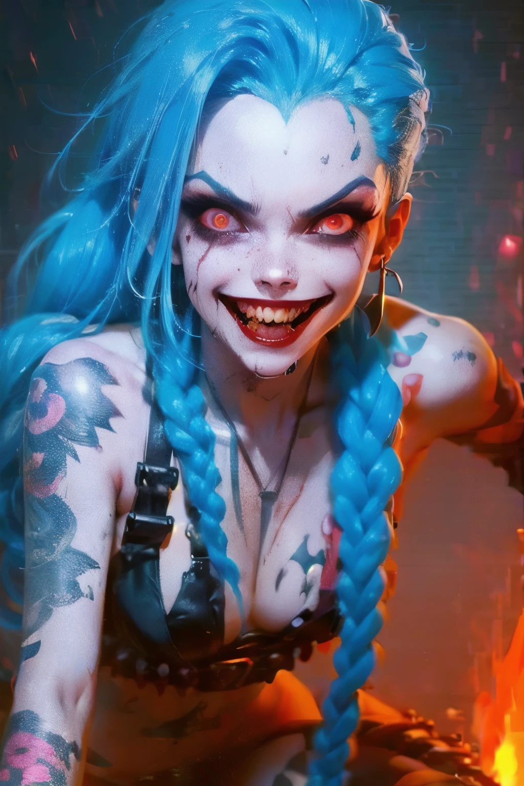 Hyper realistic super detailed Jinx cosplay , ((Young teen girl, 15 years old)) , Very detailed, (hyper realistic: 1.4), in dynamic pose, (((psycho face, creppy smiling ))) , twin braids, long hair, blue hair, ( red eyes) , ((tattooed arm)) , arcane style. ((Cinematic explosion background, cinematic lighting)).